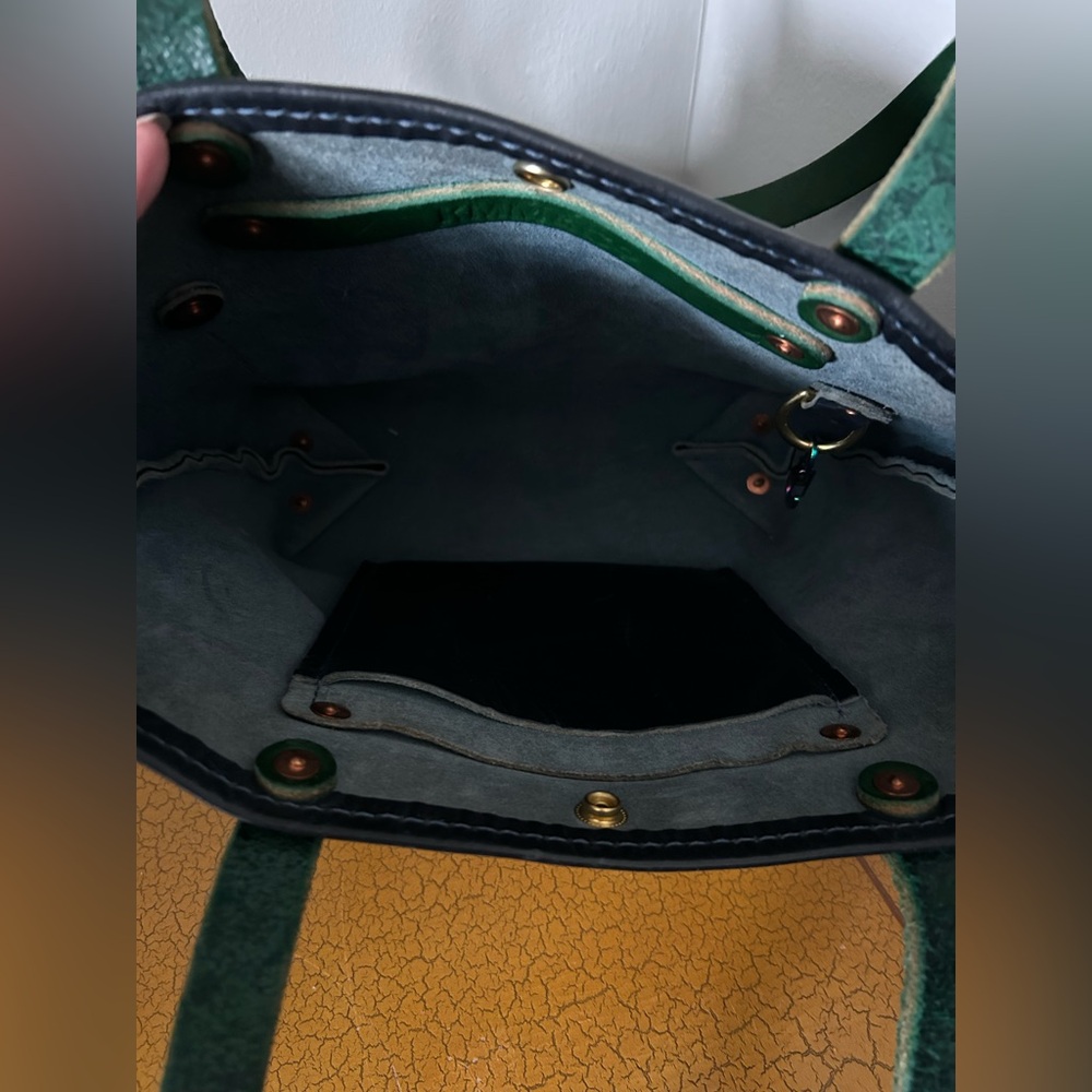 Black Leather Tote with Green Strap - Classic Everyday Bag - Picture 5 of 7